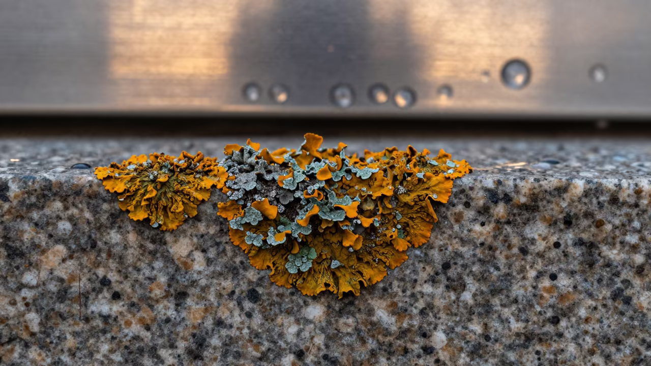 Orange Green Lichen Granite Macro Closeup in across a rain-beaded metal surface in Kassala