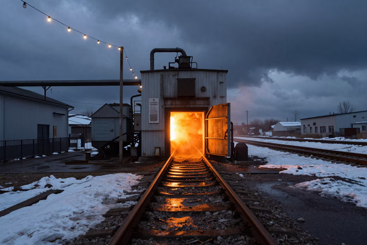 Orange Kiln Heat Glows at Murino Rail Yard in at a rail yard near Murino