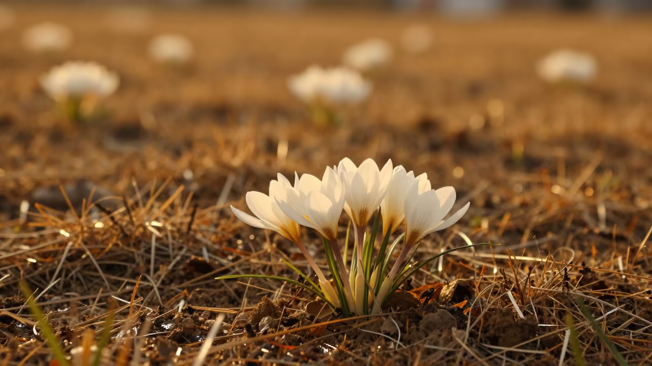 Orange Light on Autumn Crocus in Phnom Penh Meadow in in a bloom-heavy meadow near Phnom Penh
