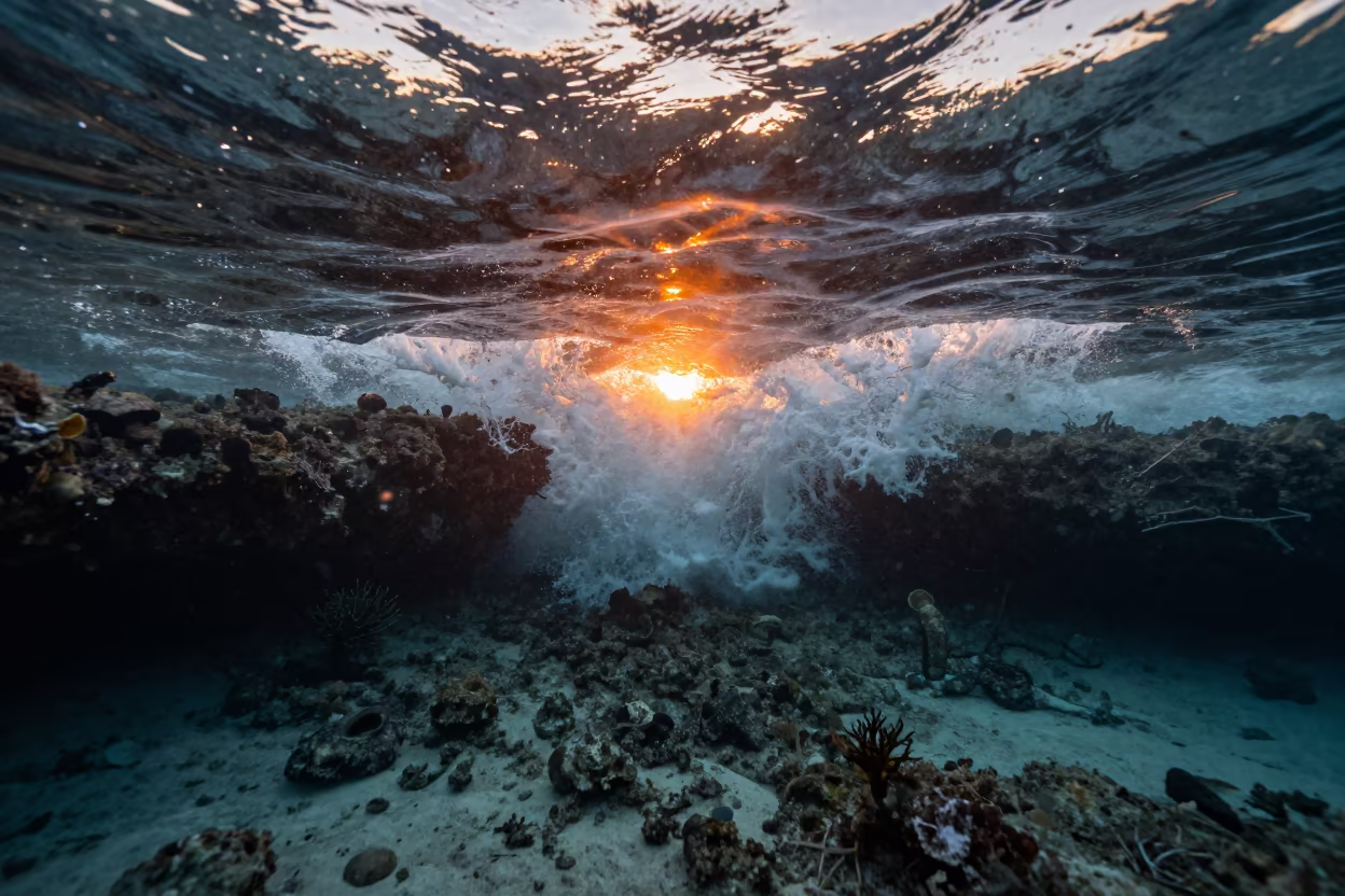 Orange Light Breaking on Reef Edge Near Cebu in beside a reef crevice under clear water near Cebu