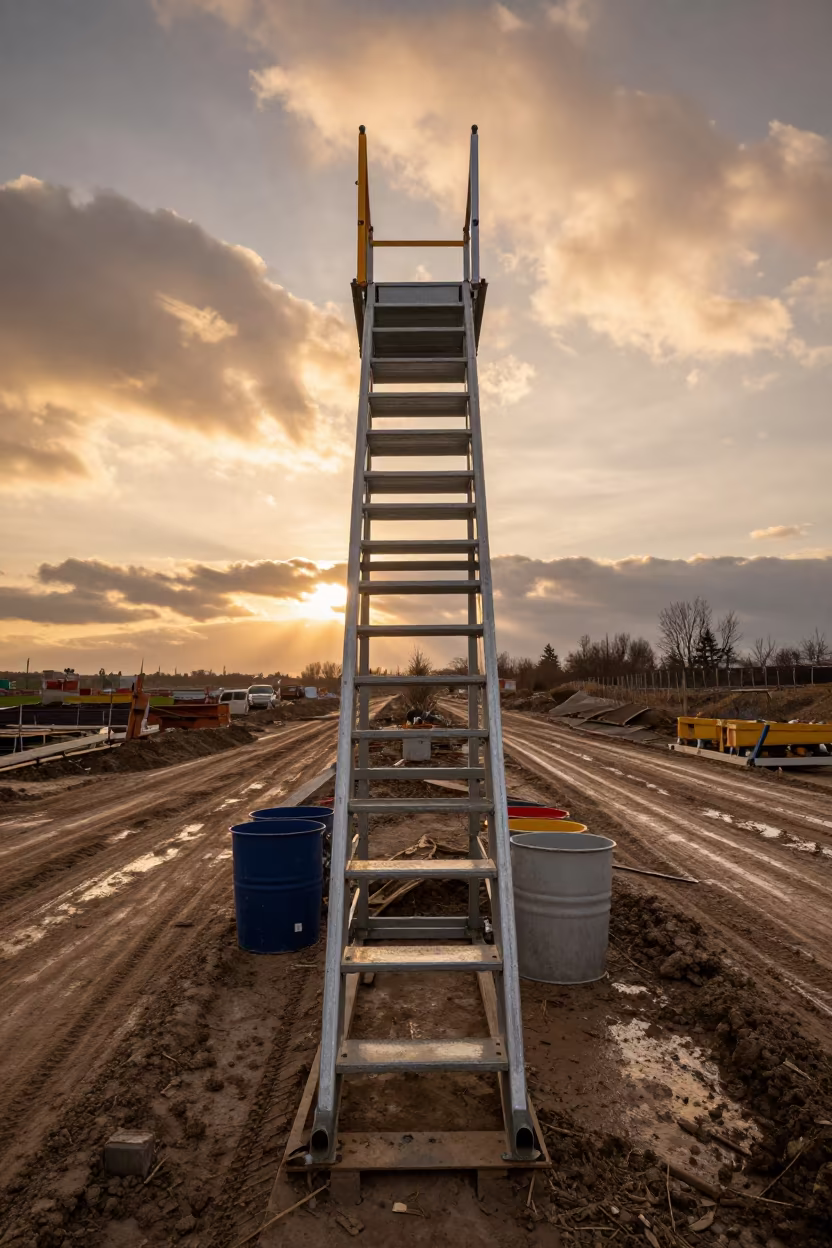 Orange Light on Construction Bucket at Bulgarian Site in at a muddy site access road in Bulgaria