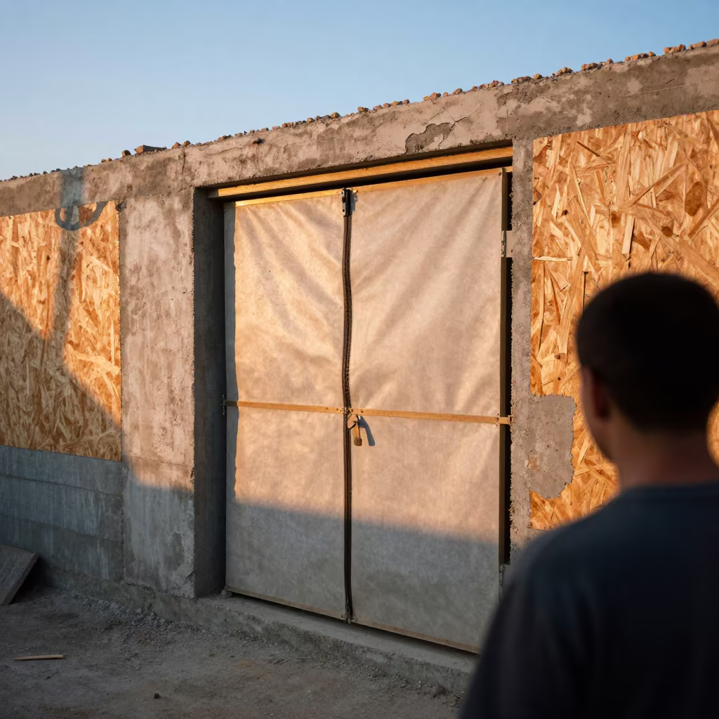 Orange Light on Construction Dust Barrier Door in inside a taped-off excavation edge in Atyrau