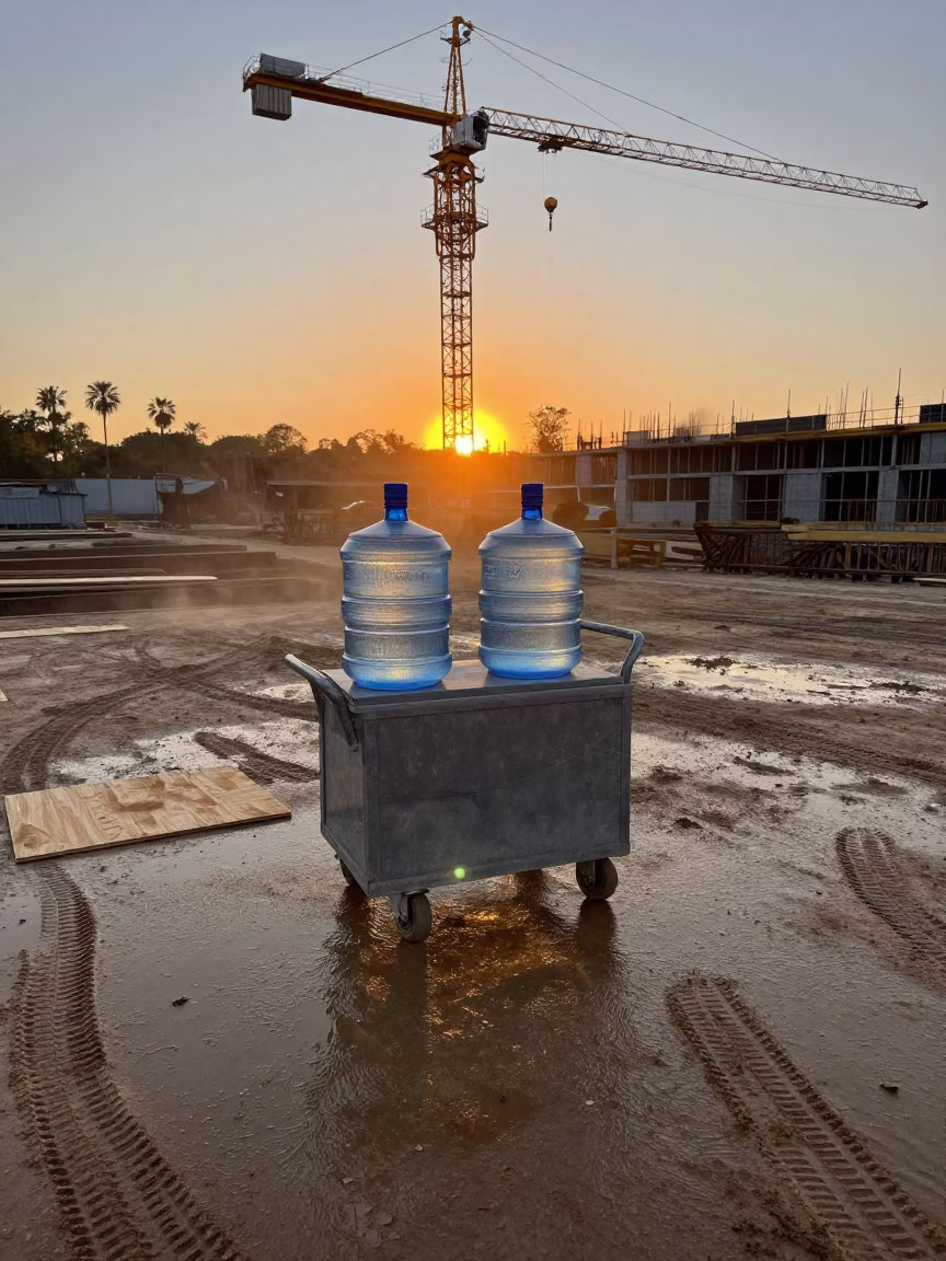 Orange Light on Construction Water Cart in Georgia in beneath a tower crane on open ground in Georgia
