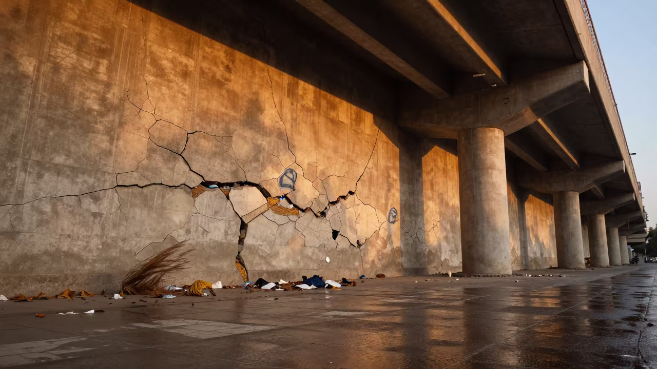 Orange Light on Cracked Mural Sanaa Underpass in under an elevated train line in Sanaa