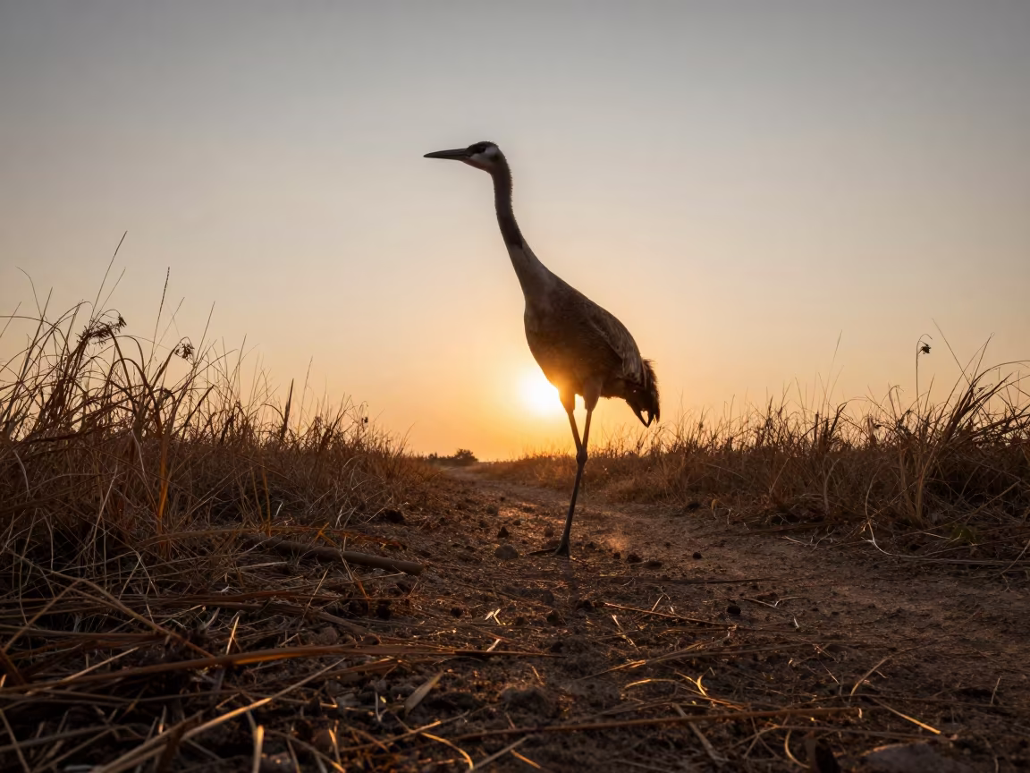 Orange Light Crane Dance on Game Trail in along a game trail near Indore