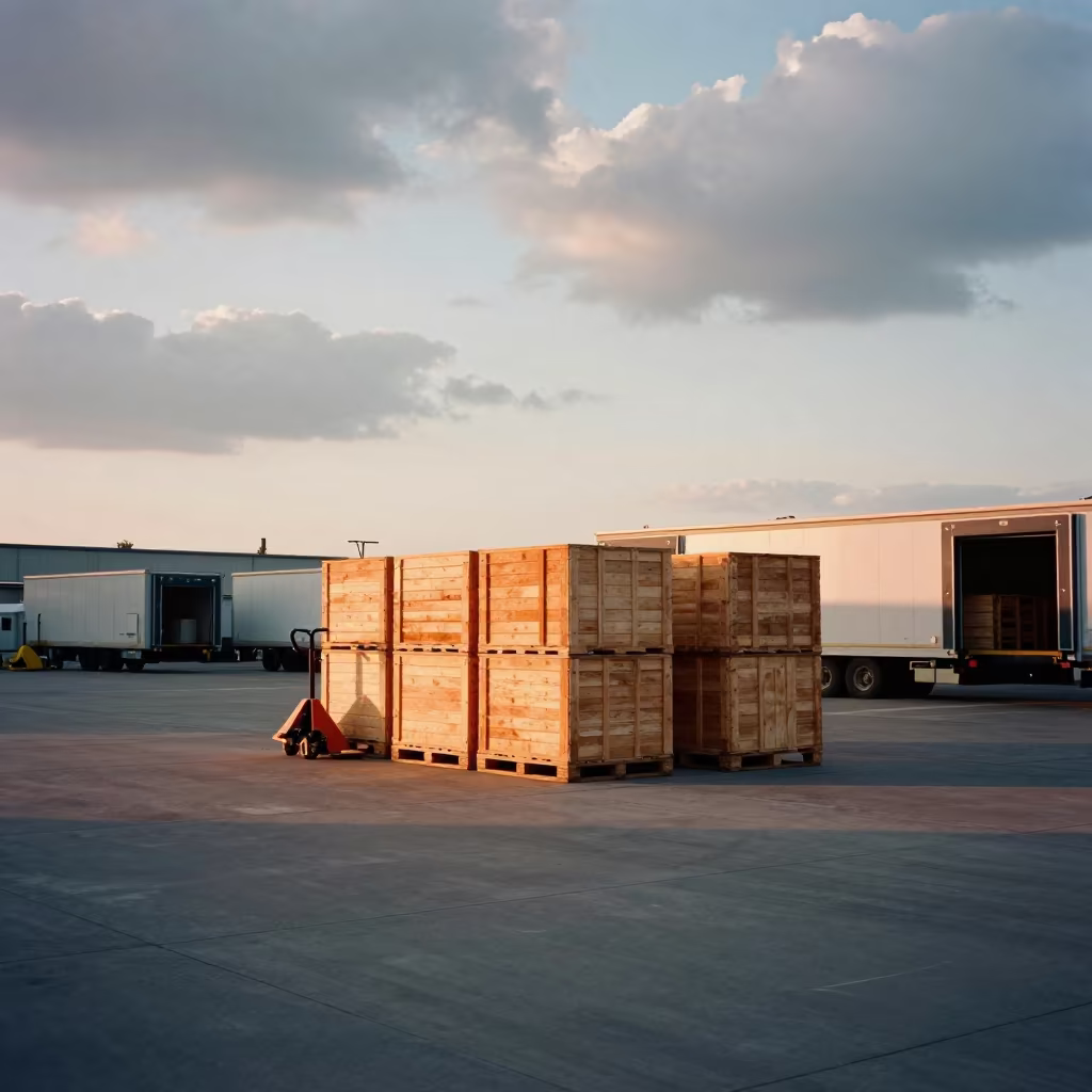 Orange Light on Fukuoka Loading Dock at Dusk in in a trailer yard outside the warehouse in Fukuoka