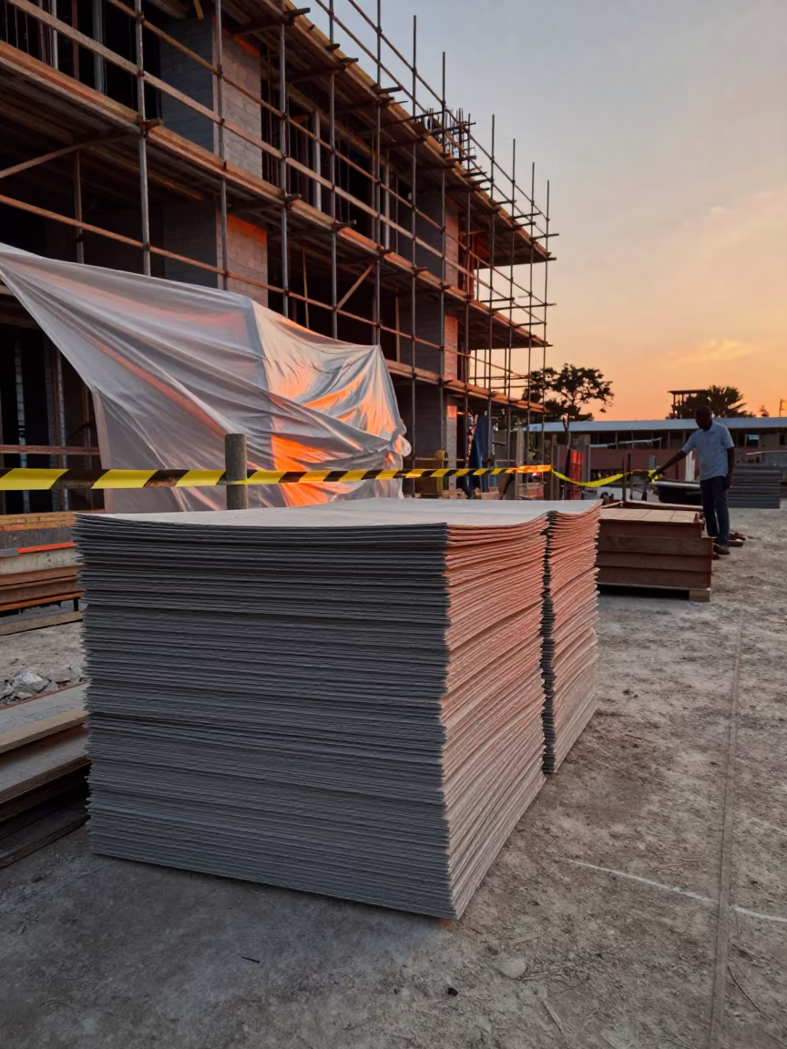 Orange Light on Guyana Construction Stack in along a scaffolded facade in Guyana