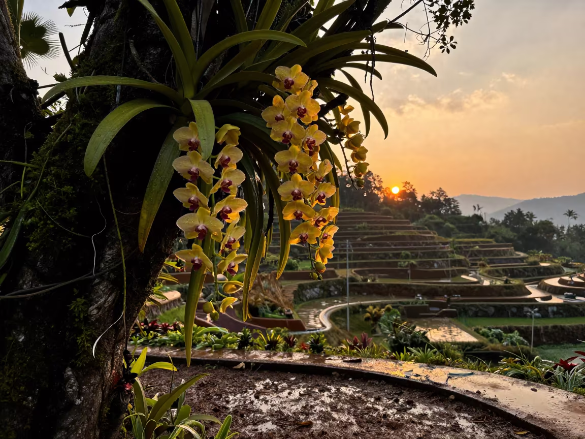 Orange Light on Orchid Cascade Tree Yunnan in among terraced garden plots in Yunnan