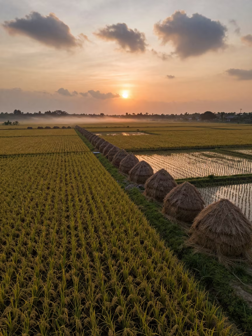 Orange Light Over Rice Paddy Near Jakarta Hay Bales in beside stacked hay bales near Jakarta