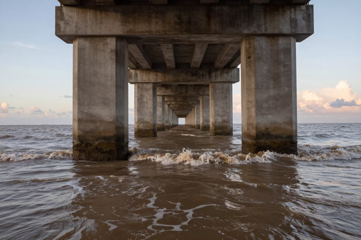 Orange Light Splits Flood Current on Bridge Pier in beside a bridge pier above moving water in Trinidad and Tobago