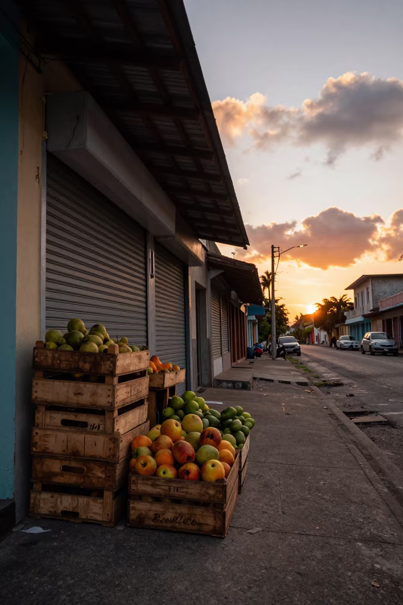 Orange Light on Trinidad Fruit Crates in along a shuttered arcade in Trinidad