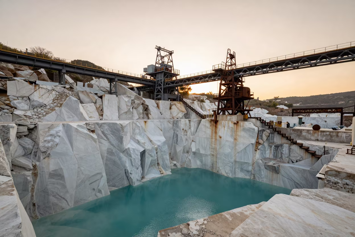Orange Light on White Marble and Turquoise Water in under gantries and utility towers near Izmir