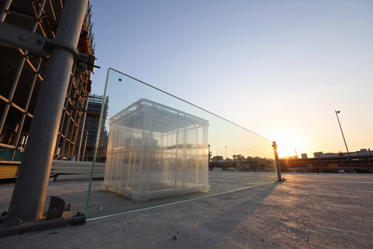 Orange Low Angle Light on Glass Edge Protector Tub in along a scaffolded facade in Zhejiang