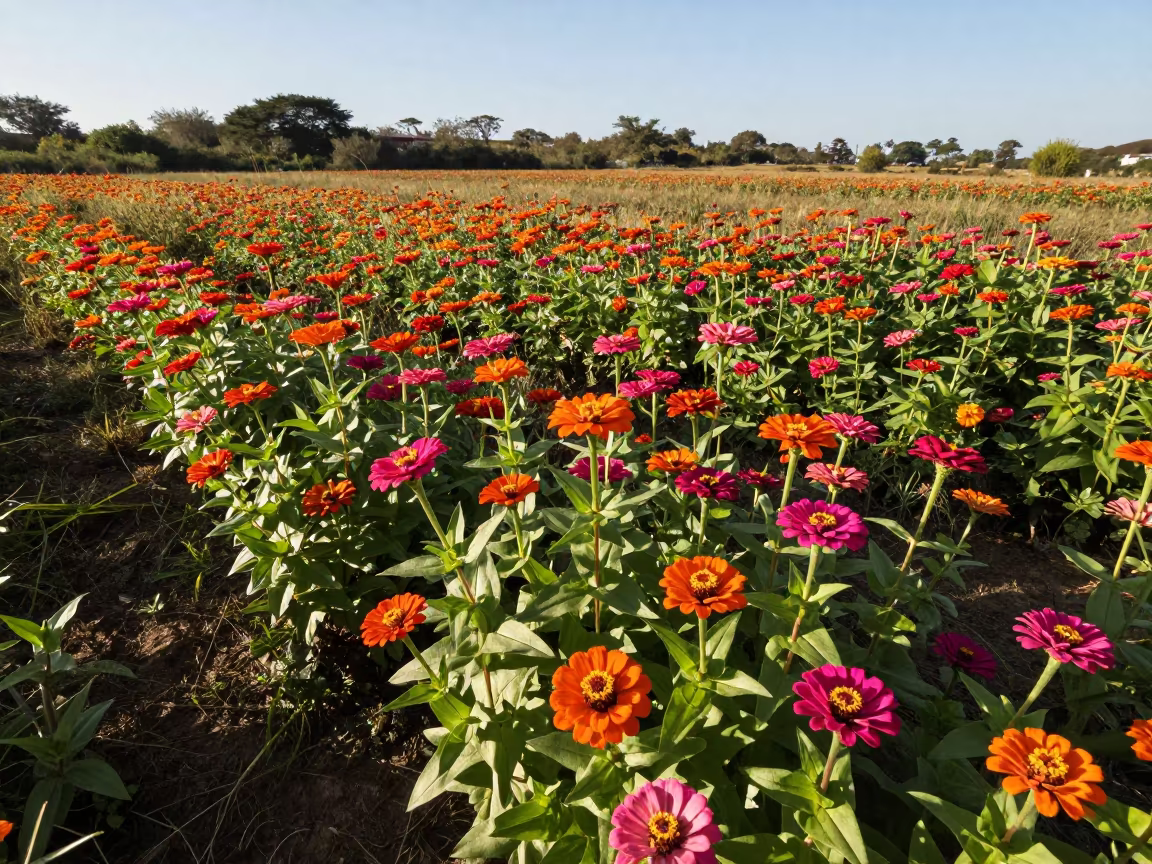 Orange Magenta Zinnias in Venezuelan Meadow in in a bloom-heavy meadow in Venezuela