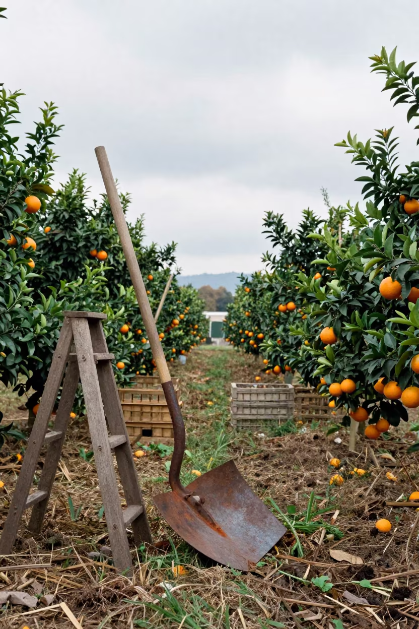 Orange Plowshare Catching Light in Tokyo Orchard in among orchard ladders and crates in Koenji, Tokyo