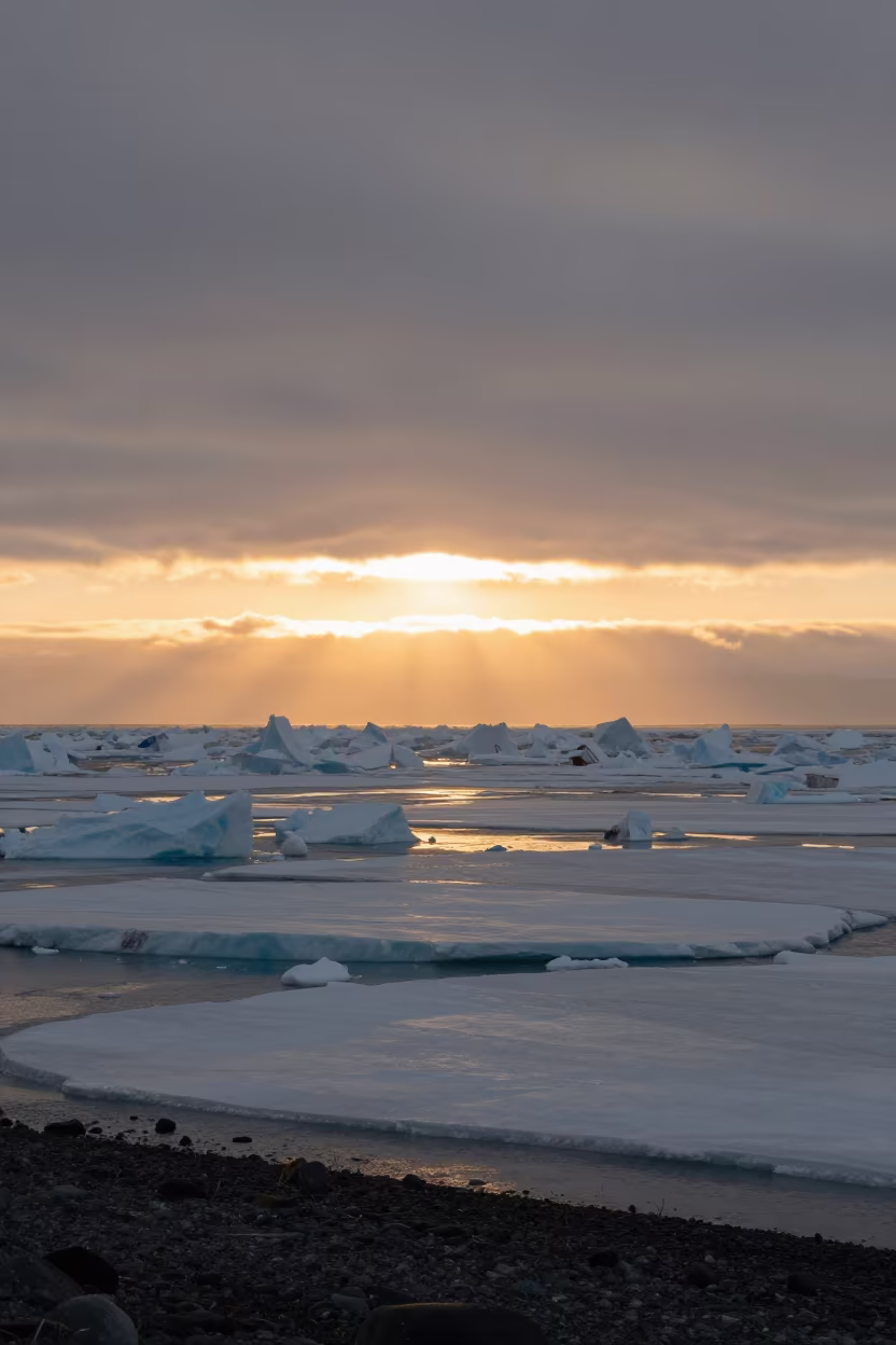 Orange Polar Sunset Over Iceland Pack Ice in along a wave-cut shoreline in Iceland