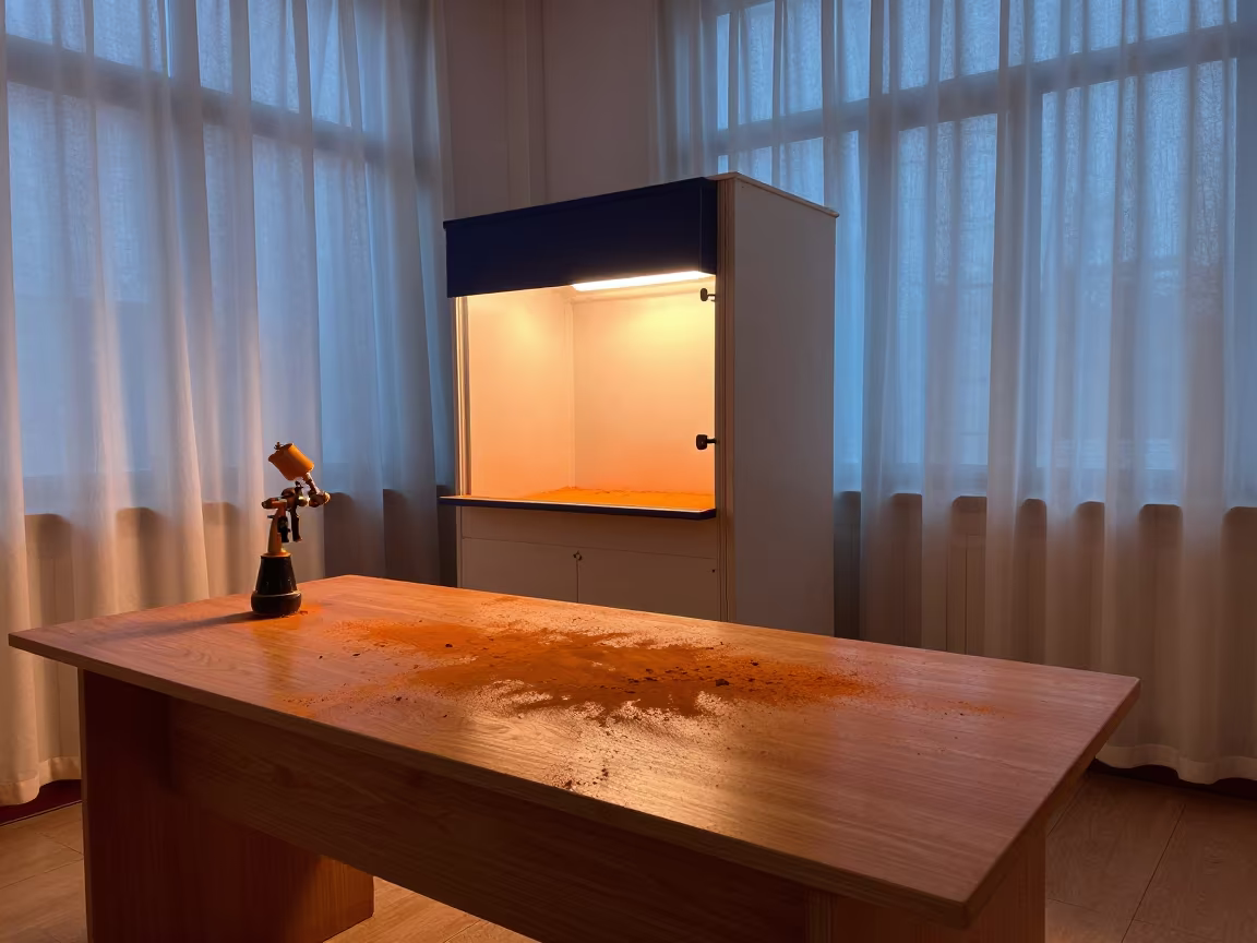 Orange Powder Coating Booth on Library Table in on a dusty library table near Hohhot