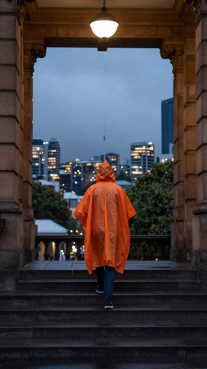 Orange Rain Poncho Glow on City Hall Steps Melbourne in on the steps of city hall near Carlton, Melbourne