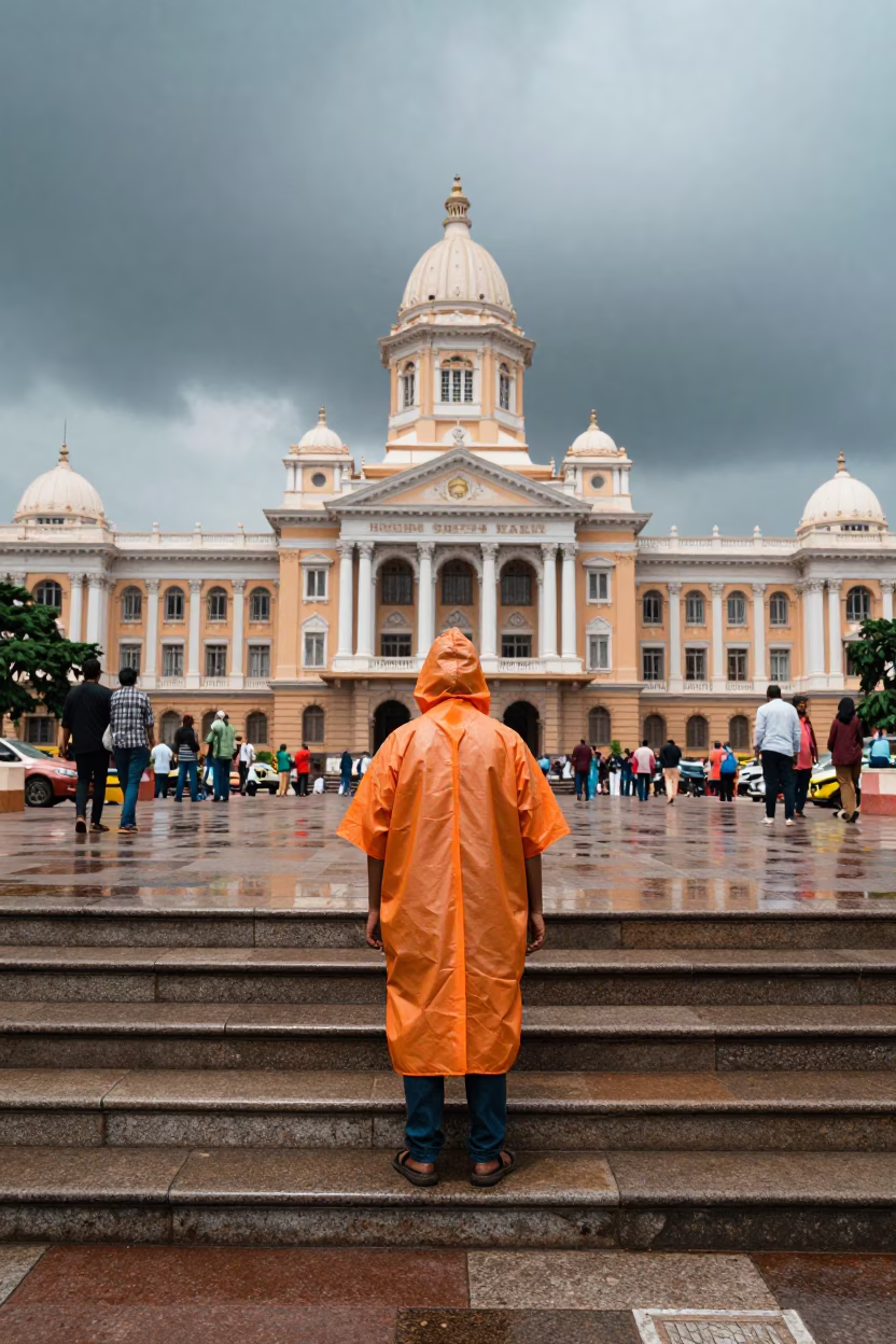 Orange Rain Poncho on City Hall Steps in on the steps of city hall near Vijayapura