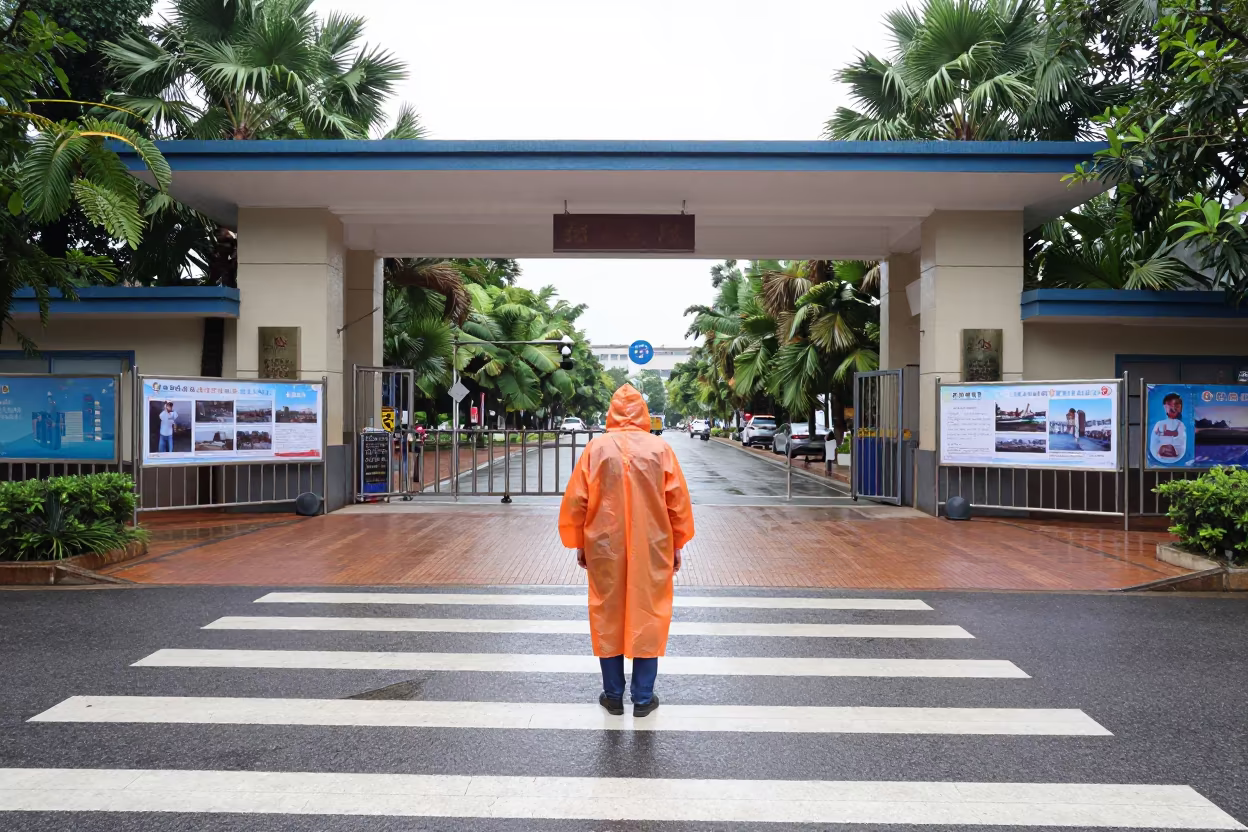 Orange Rain Poncho at Kunming School Gate in at a crosswalk by a school gate in Kunming
