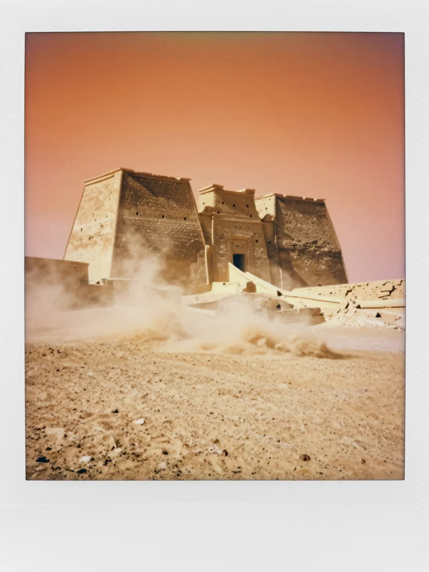 Orange Sandstorm at Ancient Egyptian Desert Fort in across a storm-bright plain in Egypt