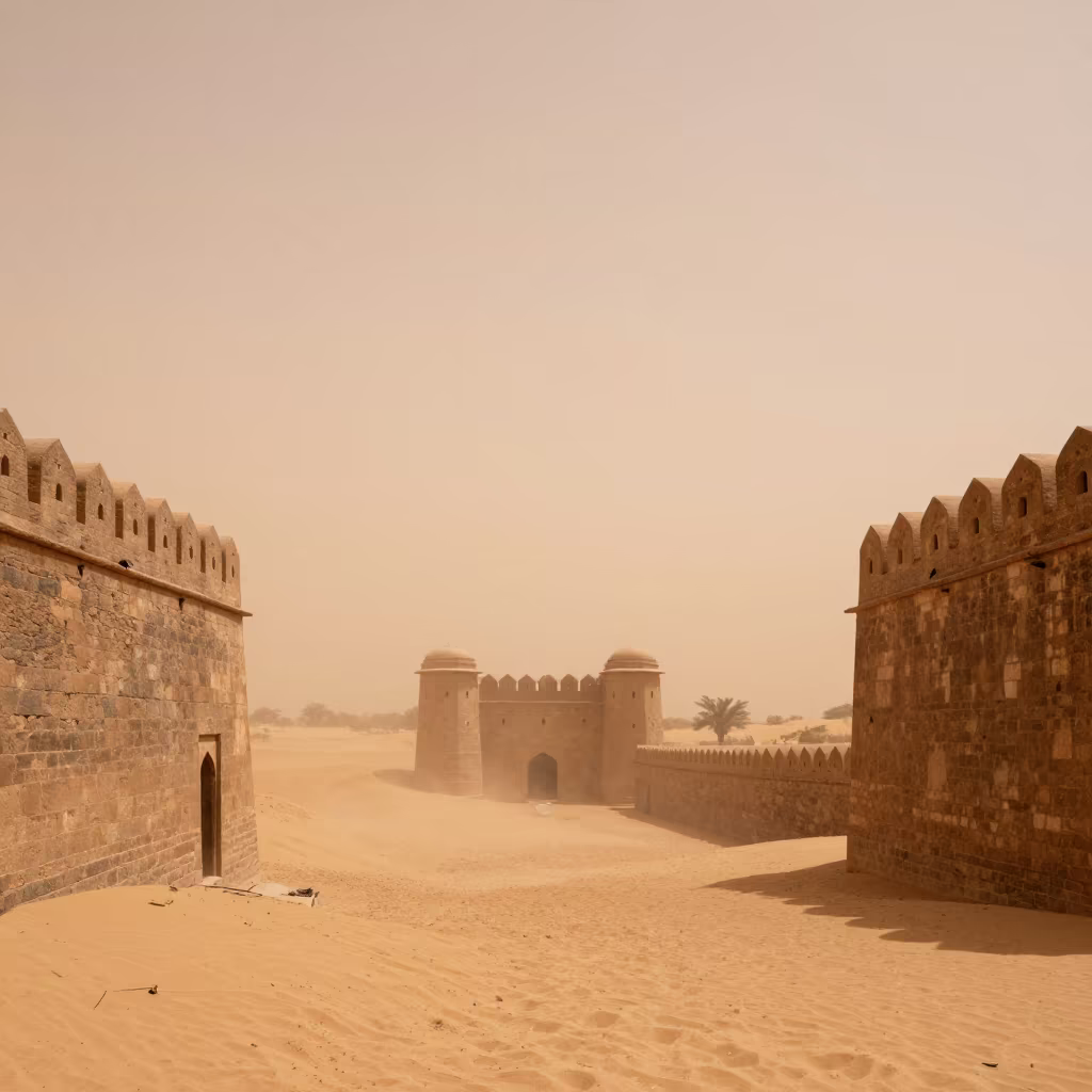 Orange Sandstorm Haze Over Rajasthan Fort in through low marine fog in Rajasthan