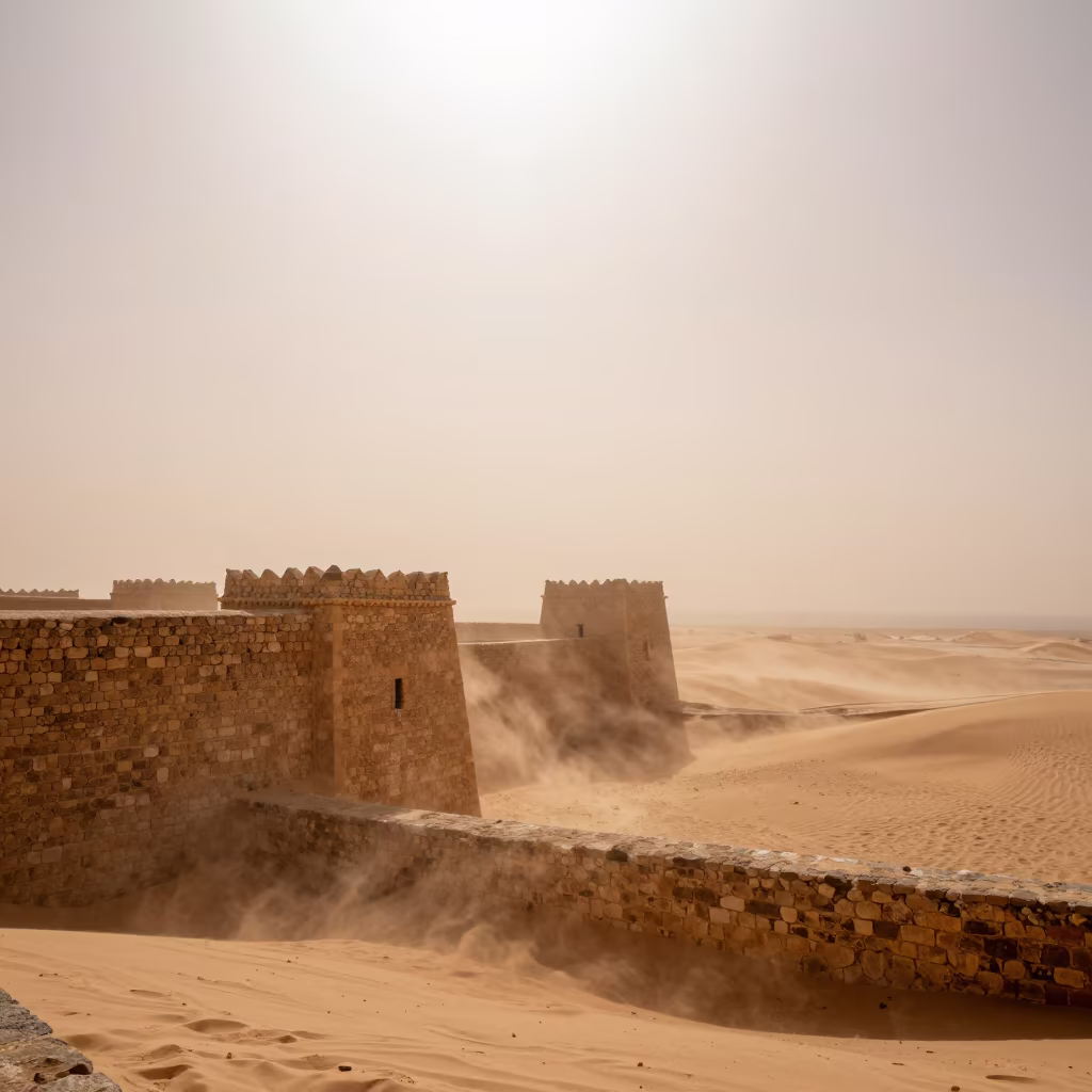 Orange Sandstorm Hitting Desert Fort Tunisia in across a storm-bright plain in Tunisia