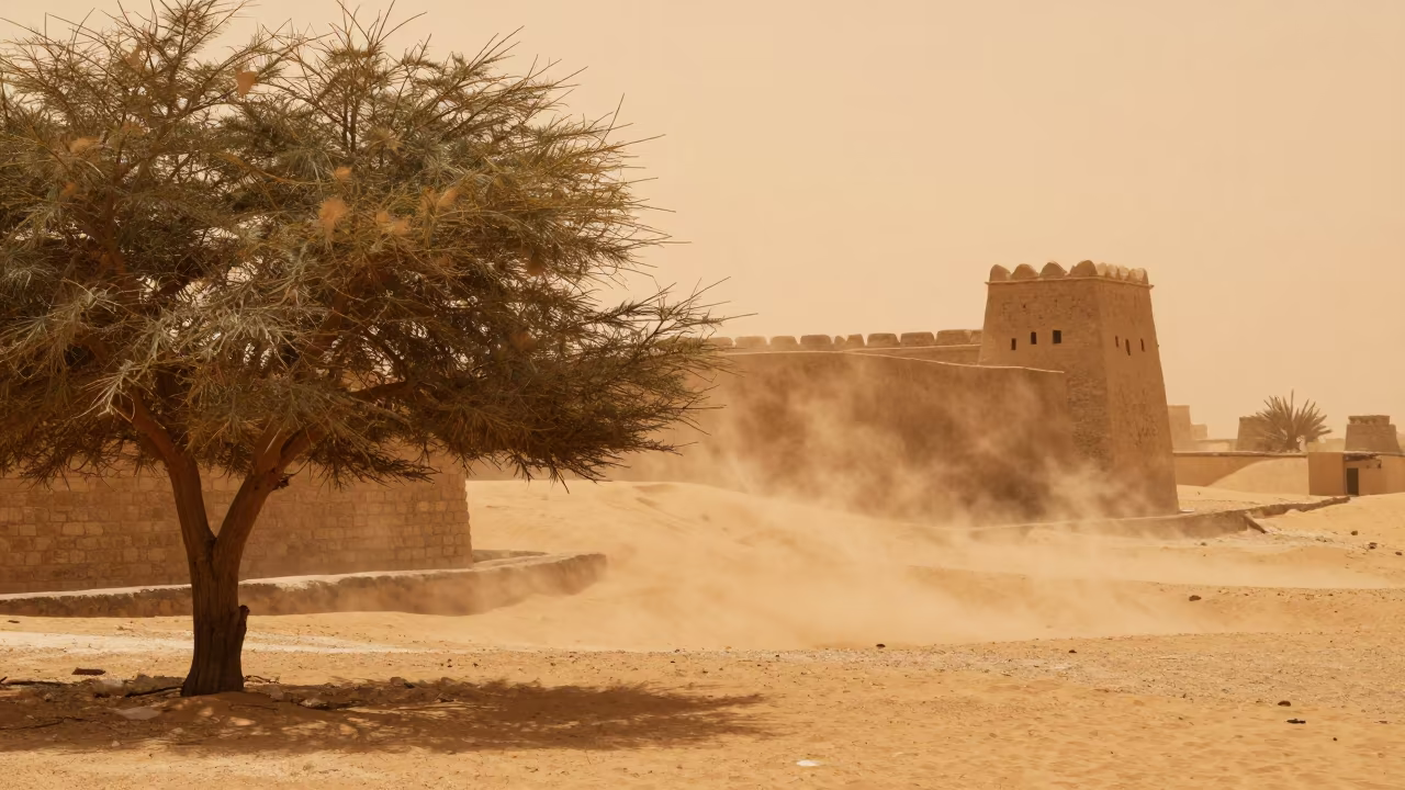 Orange Sandstorm Light at Desert Fort Near Jeddah in near Jeddah