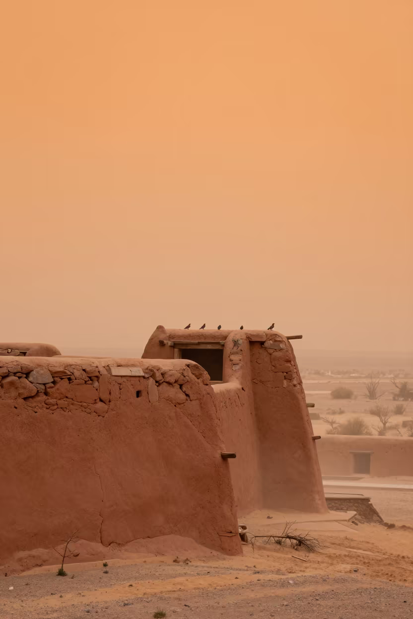 Orange Sandstorm Over New Mexico Desert Fort in through low marine fog in New Mexico