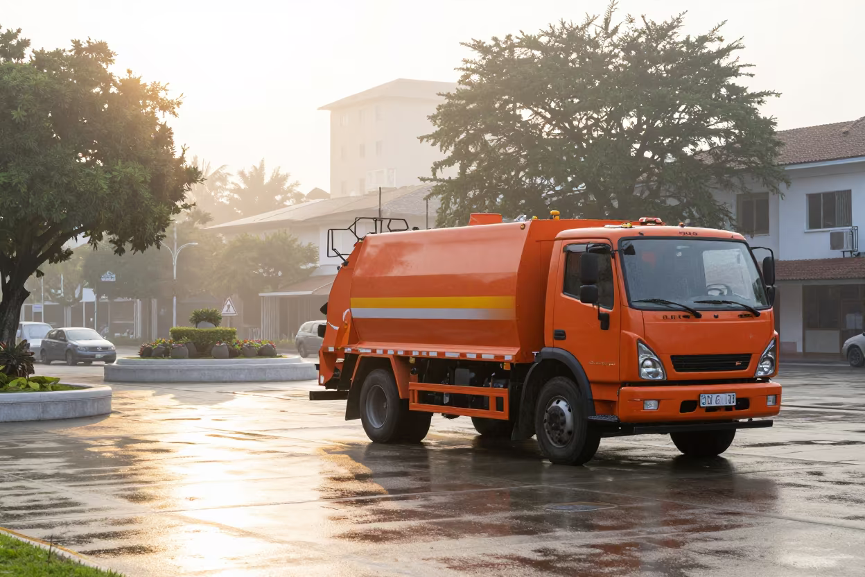 Orange Sanitation Trucks in Colina Dawn Haze in in a public square in Colina