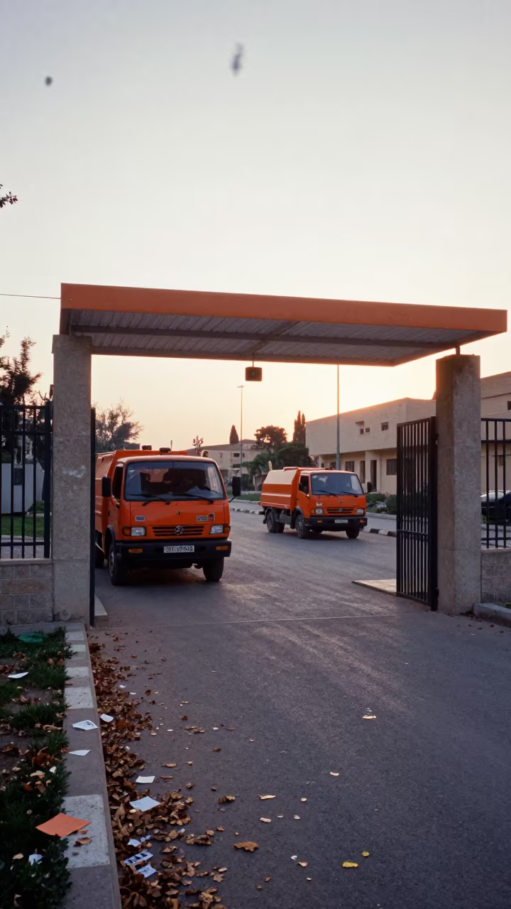 Orange Sanitation Trucks at Dawn in Setif in outside a polling station entrance in Setif