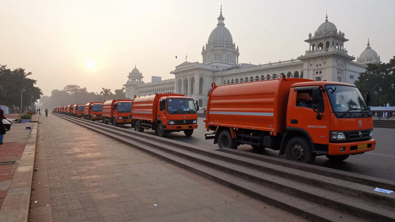 Orange Sanitation Trucks at Madurai City Hall Dawn in on the steps of city hall in Madurai