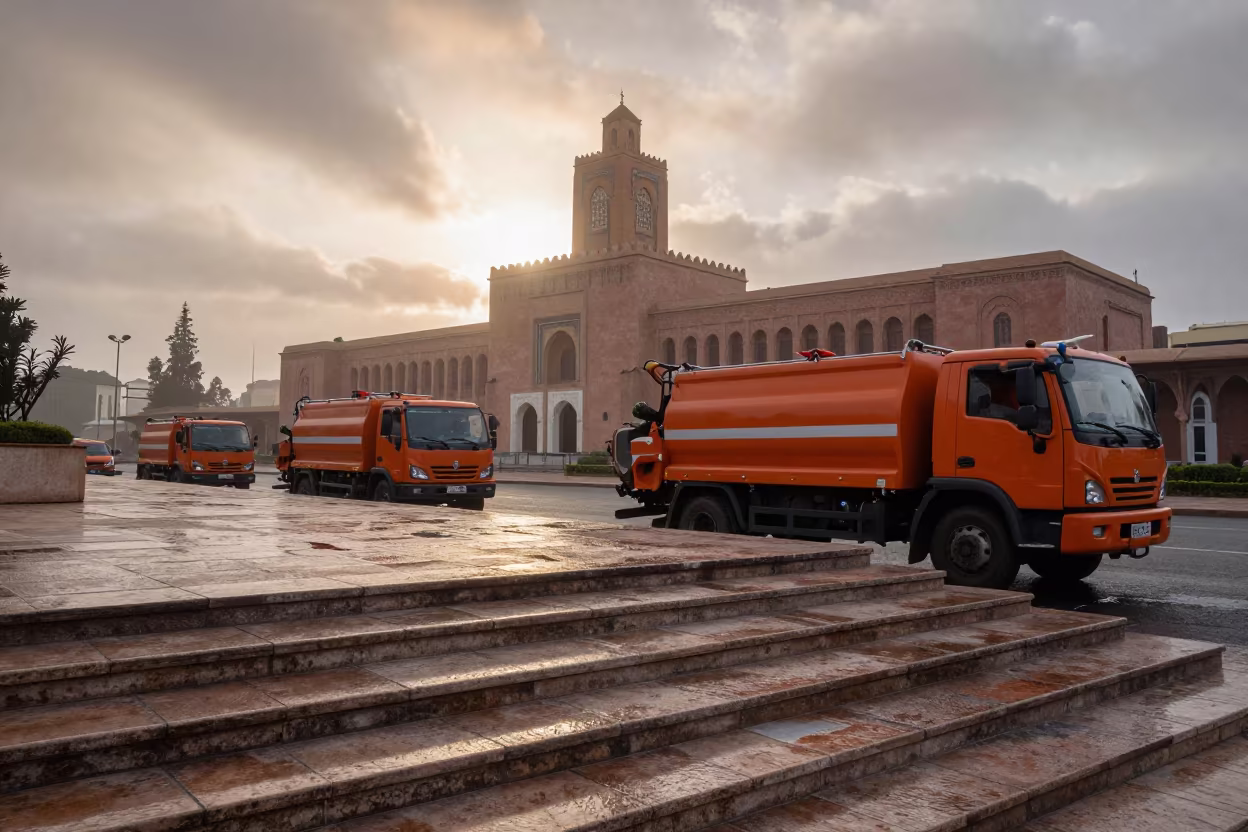 Orange Sanitation Trucks at Marrakesh City Hall Dawn in on the steps of city hall in Marrakesh