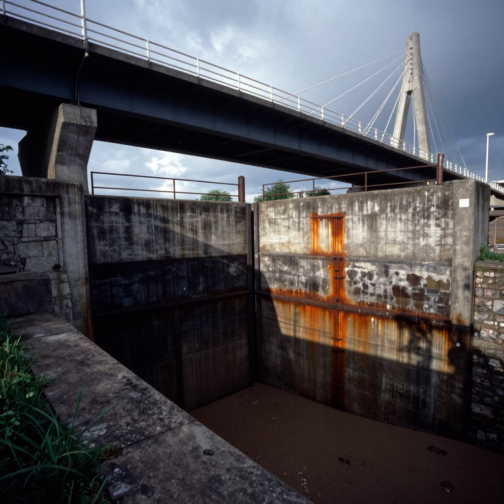 Orange Sluice Gate Slot Under Bridge Derby in under a cable-stayed bridge span in Derby