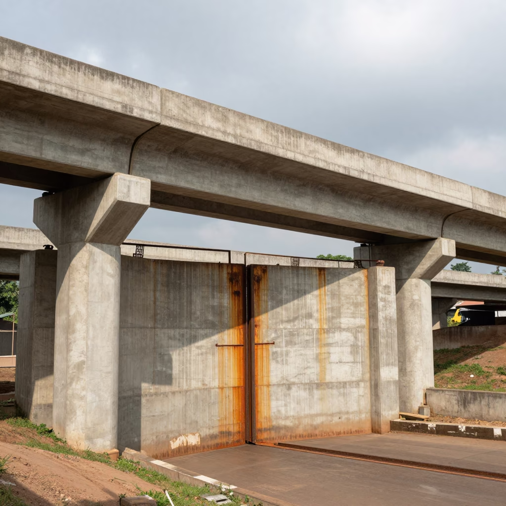 Orange Stained Sluice Gate Slot on Kinshasa Overpass in across a windy overpass interchange near Kinshasa