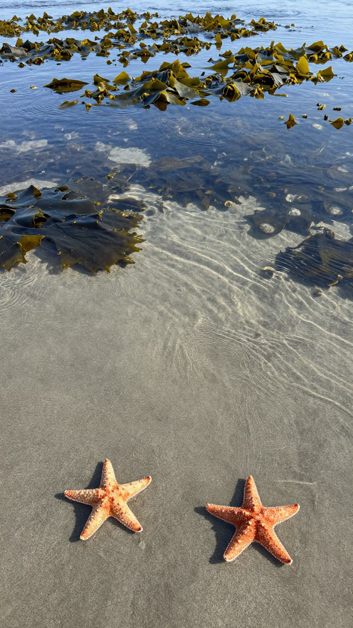 Orange Starfish on Hokkaido Spring Sand in along a kelp-fringed shelf in Hokkaido