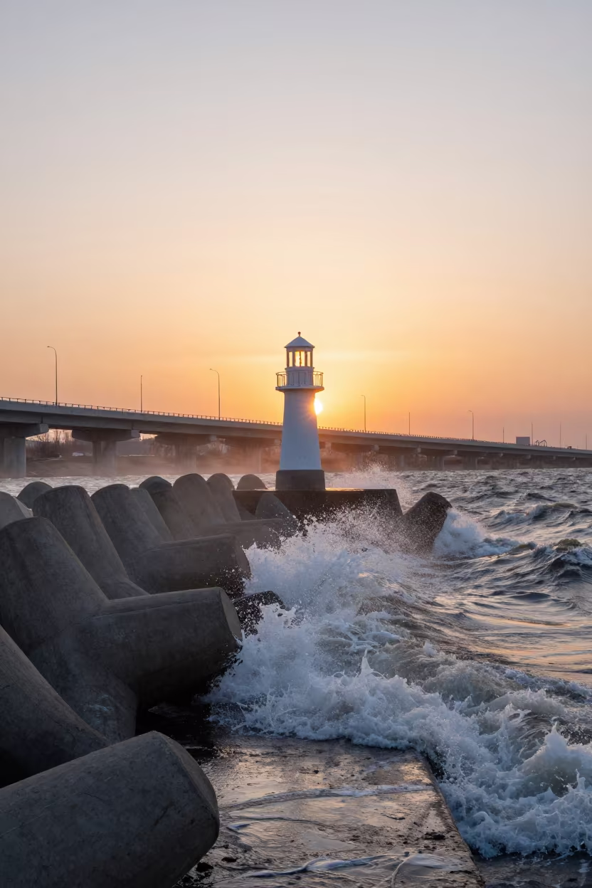 Orange Sunset Light on Chelyabinsk Breakwater Lantern in across a windy overpass interchange near Chelyabinsk