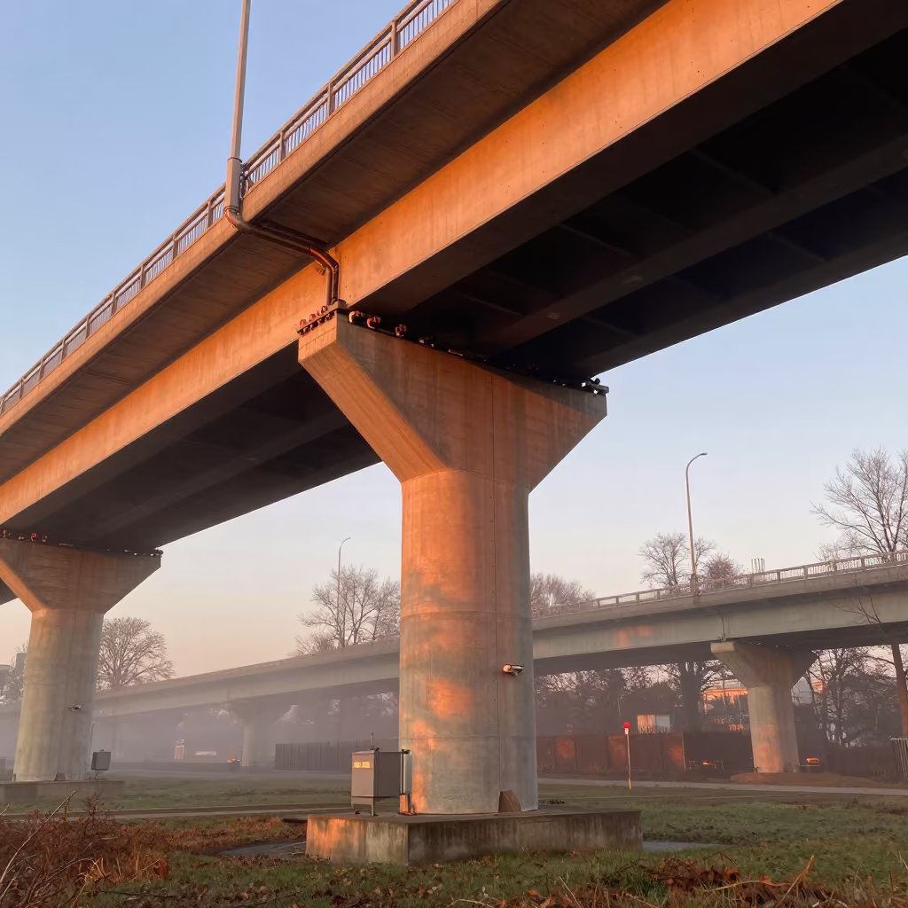 Orange Sunset Fog Over Danish Heating Pipe Support in across a windy overpass interchange in Denmark