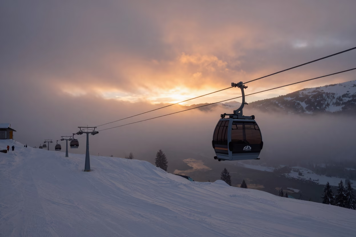 Orange Sunset Gondola Emerging from Winter Fog in on a groomed ski slope before opening near Innsbruck