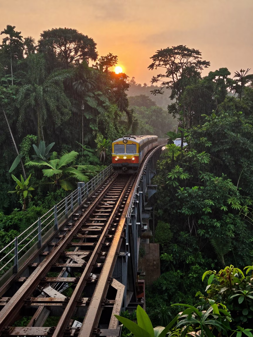 Orange Sunset Light on Jungle Bridge Train in on a wind-open causeway near Senopati, Jakarta