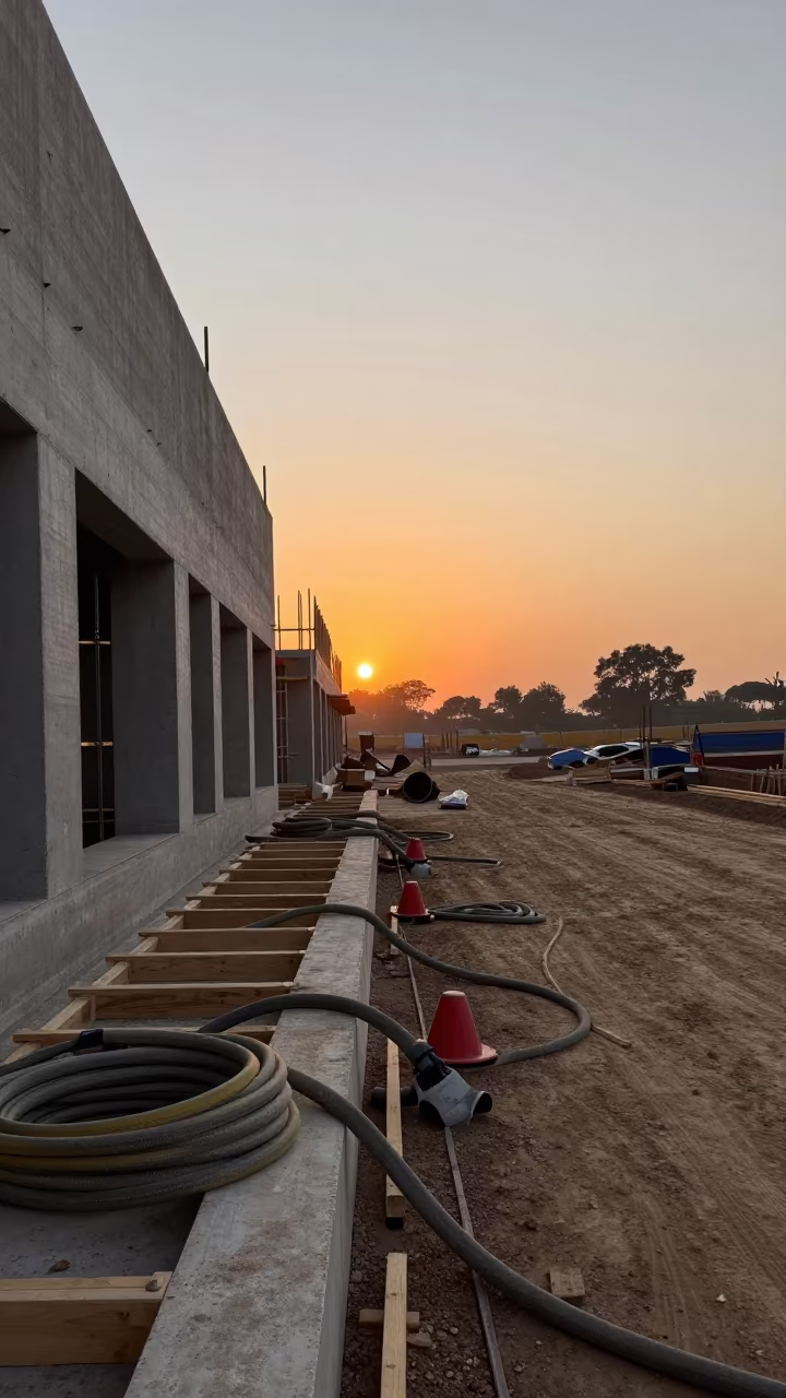 Orange Sunset Light on Construction Curb Forms in beside a framed building shell in Bloemfontein