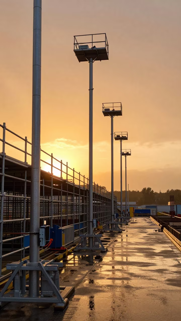 Orange Sunset Light on Construction Mast in Slovenia in along a scaffolded facade in Slovenia