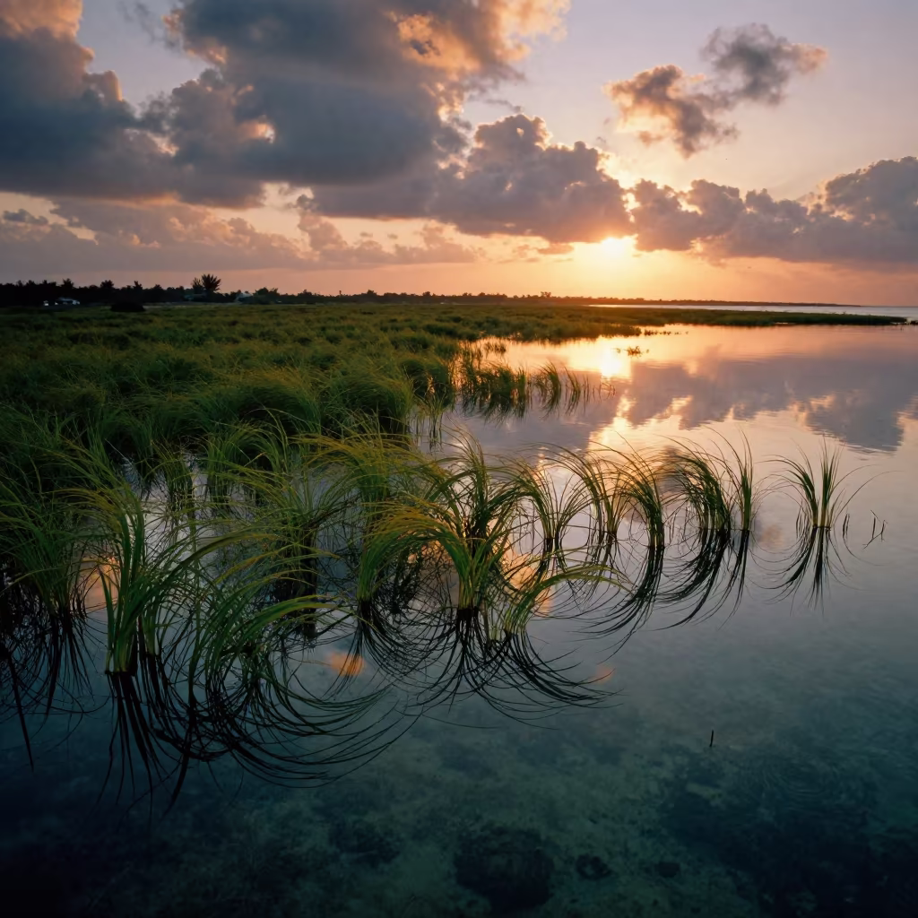 Orange Sunset Light Over Mombasa Seagrass Meadow in near Mombasa
