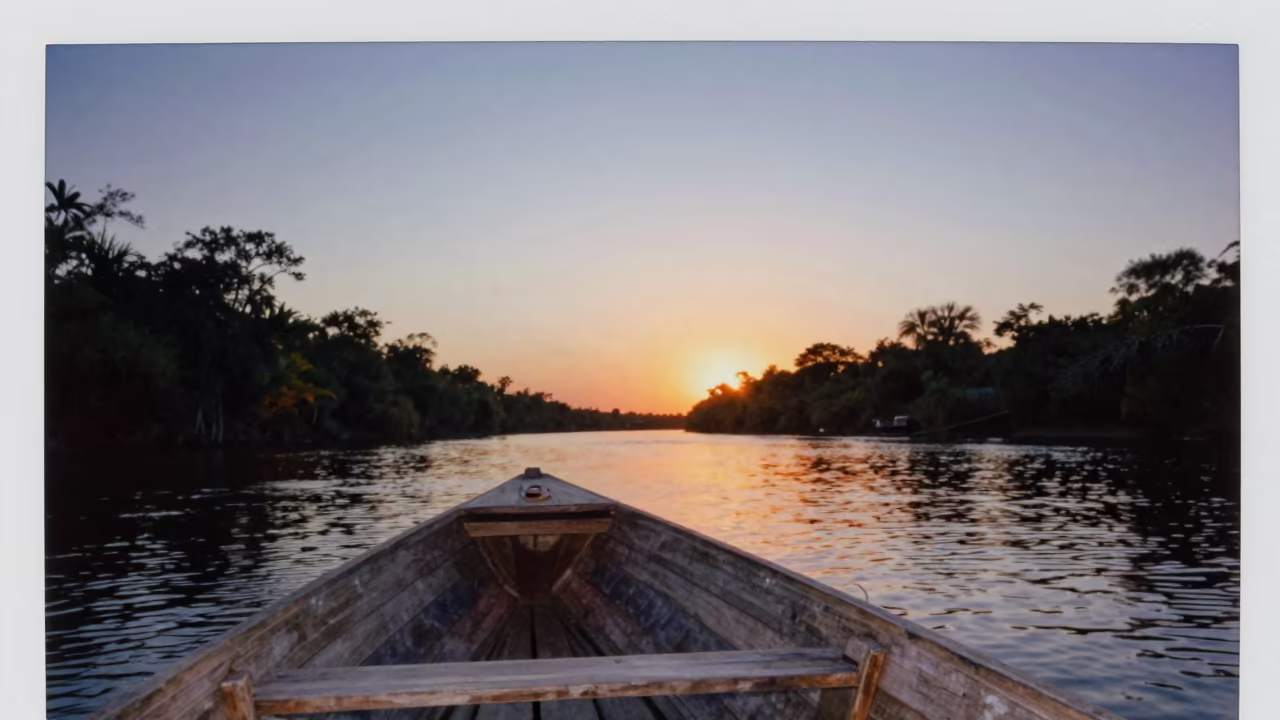 Orange Sunset Light on Punt Near Merida River in along a switchback approach near Merida Venezuela