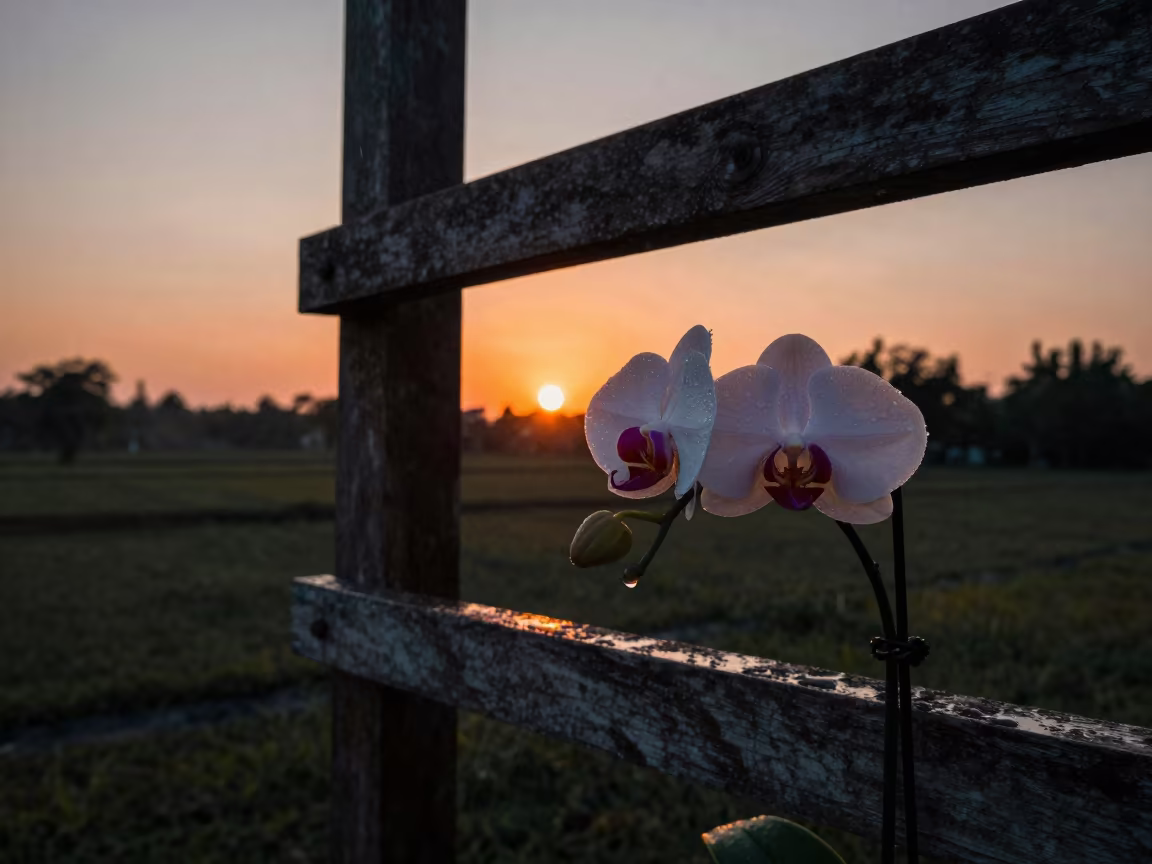 Orange Sunset Light on Rain Orchid Spray in in Brunei