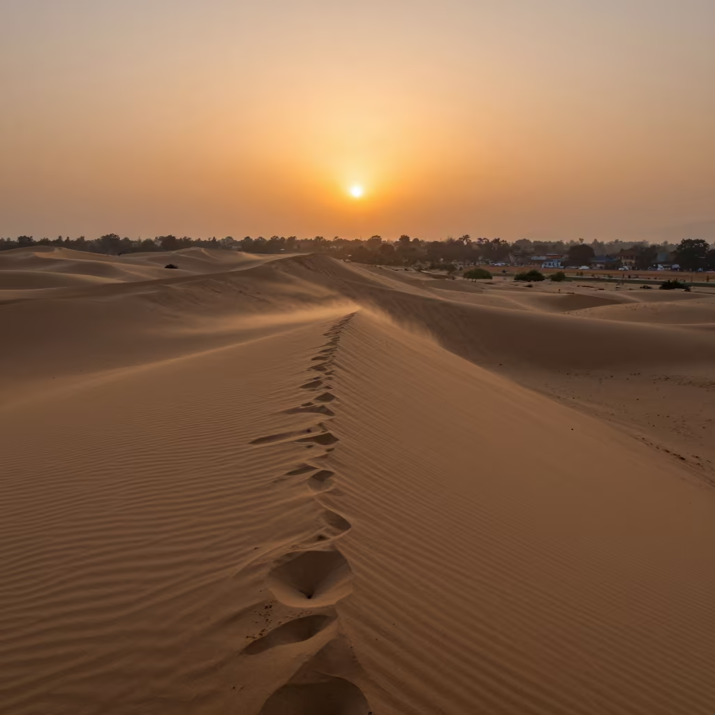 Orange Sunset Light on Sand Dune Ridge Kathmandu in across a wide valley floor near Durbar Square, Kathmandu