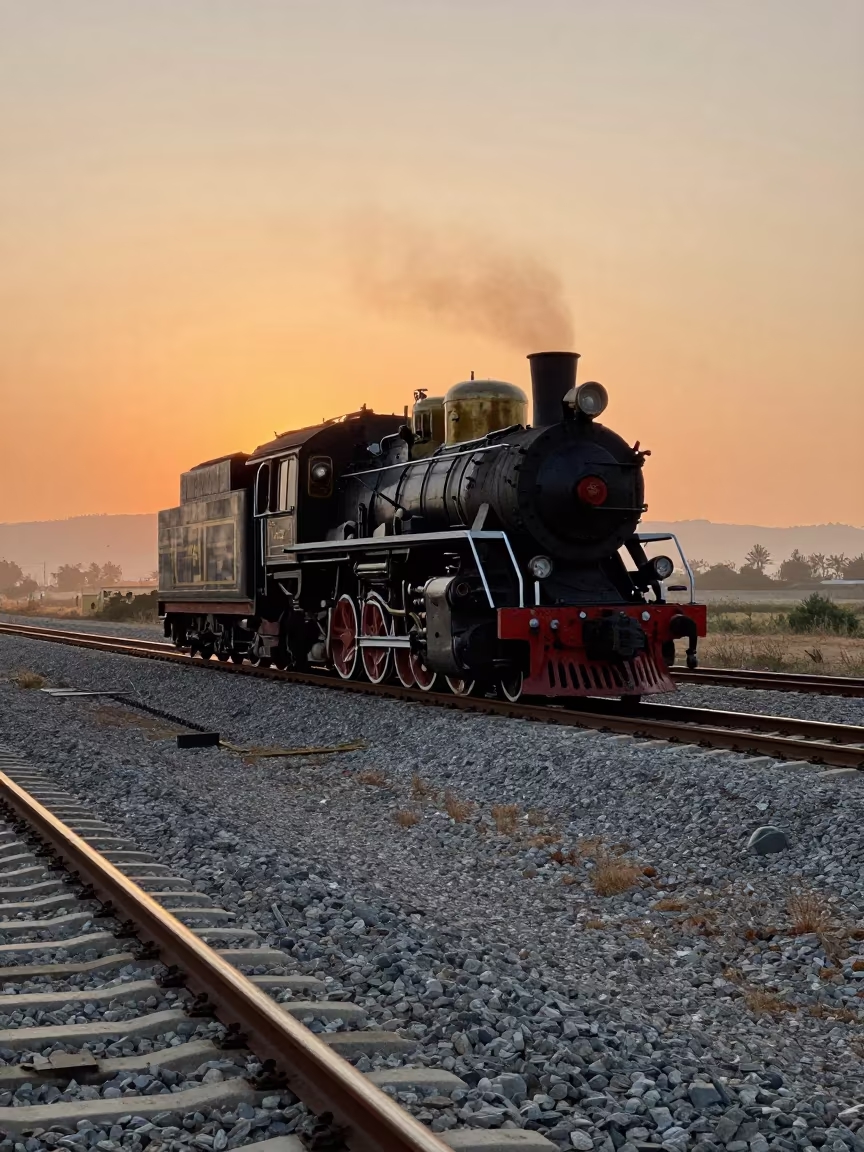 Orange Sunset Locomotive on Catalan Causeway Turntable in on a wind-open causeway in Catalonia