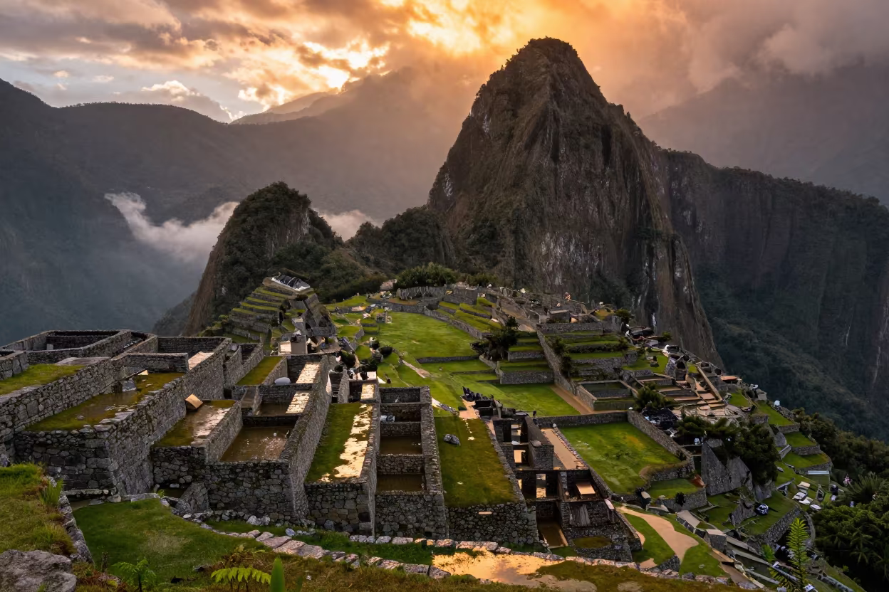 Orange Sunset Light on Machu Picchu Terraces in near Cusco