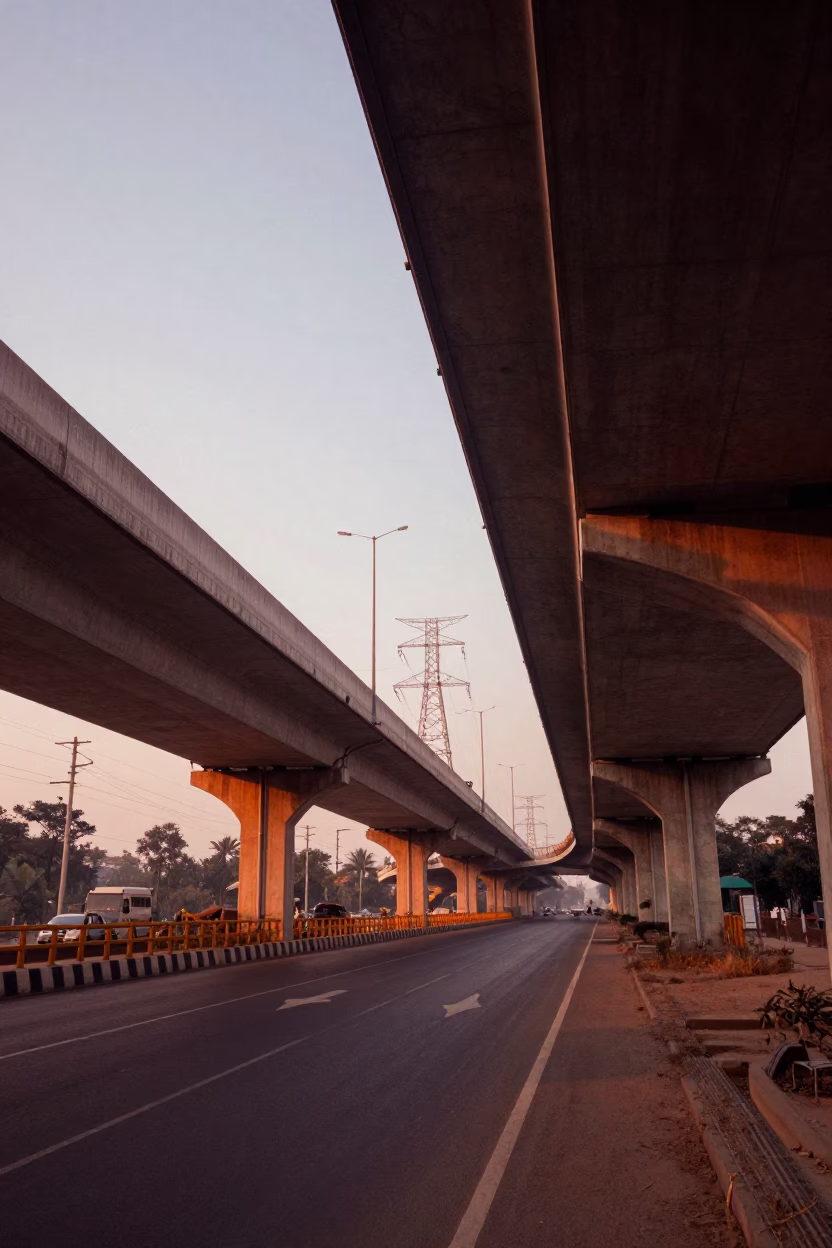 Orange Sunset Glow Over Odisha Highway Overpass in beneath transmission towers in Odisha