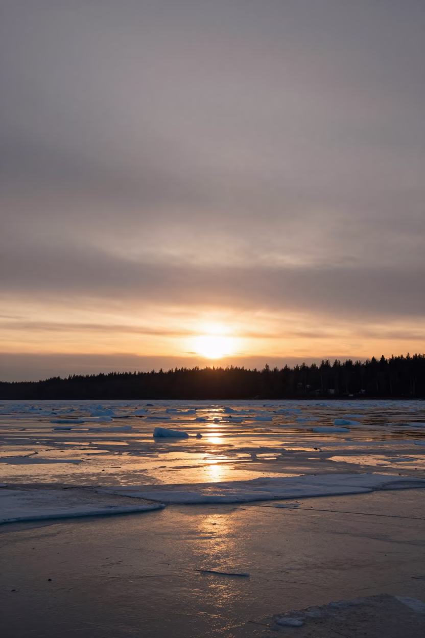 Orange Sunset Over Pack Ice Floodplain Vancouver in across a floodplain after rain near Vancouver